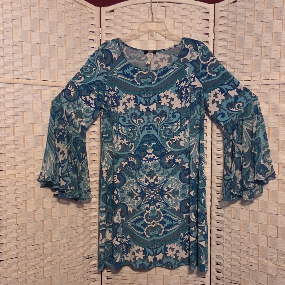 MSK Teal and White Patterned Women's Dress With Flutter Sleeves 1X